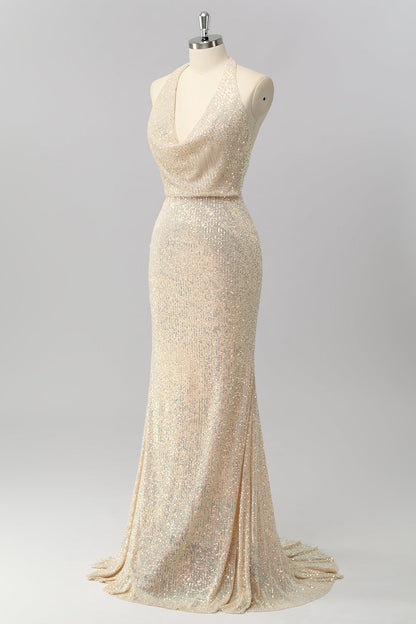 Apricot Mermaid Halter Sequins Open Back Long Prom Dress
