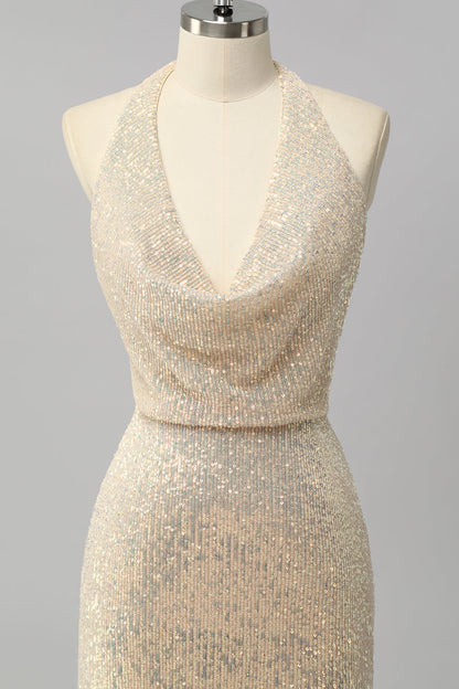 Apricot Mermaid Halter Sequins Open Back Long Prom Dress