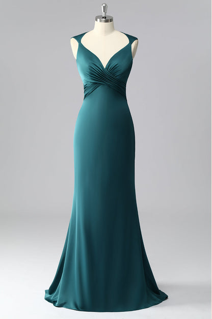 Peacock Blue Mermaid Satin Backless Ruched Prom Dress