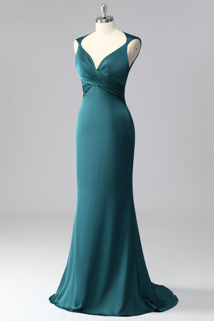 Peacock Blue Mermaid Satin Backless Ruched Prom Dress