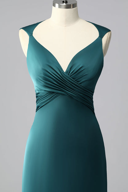 Peacock Blue Mermaid Satin Backless Ruched Prom Dress