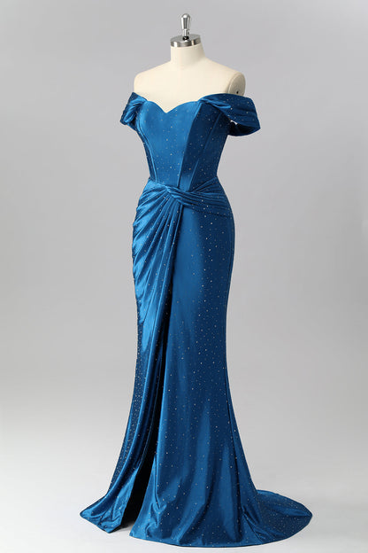 Off The Shoulder Dark Blue Mermaid Satin Ruched Prom Dress