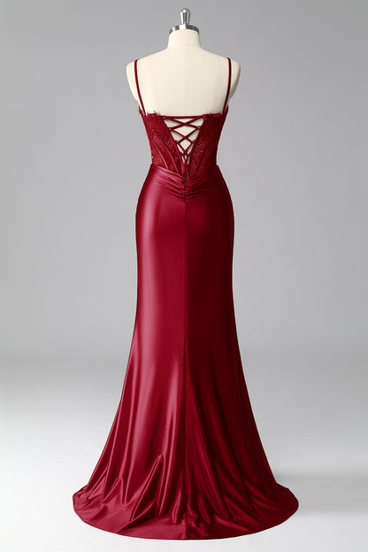 Burgundy Mermaid Corset Satin Ruched Prom Dress