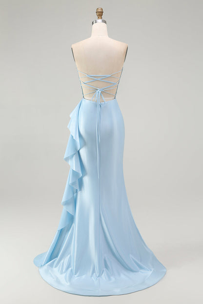 Sparkly Light Blue Strapless Corset Mermaid Beaded Long Prom Dress with Slit