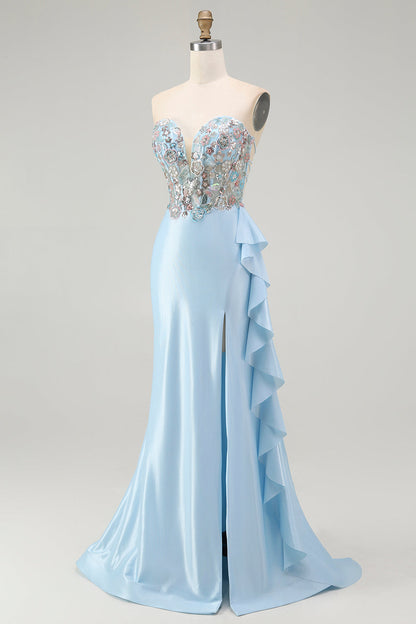 Sparkly Light Blue Strapless Corset Mermaid Beaded Long Prom Dress with Slit