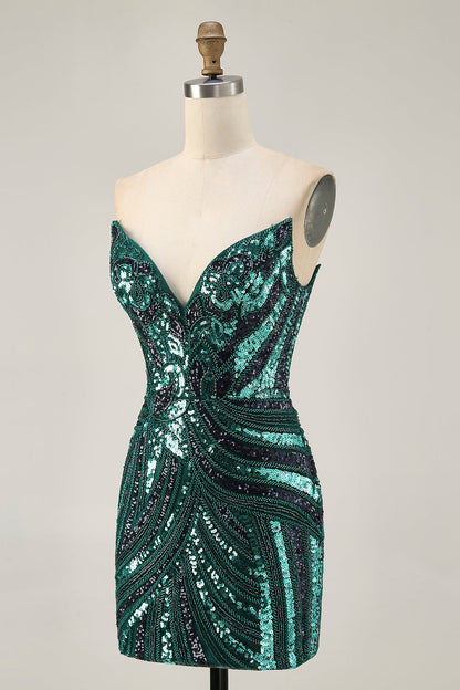Sparkly Royal Blue Strapless Sequins Short Tight Homecoming Dress with Beading