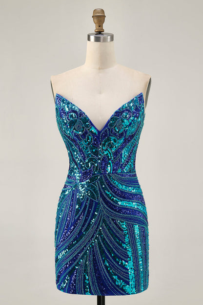 Sparkly Royal Blue Strapless Sequins Short Tight Homecoming Dress with Beading