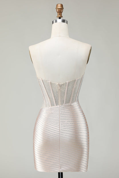 Sparkly Golden Strapless Sequins Bodycon Corset Homecoming Dress With Beading