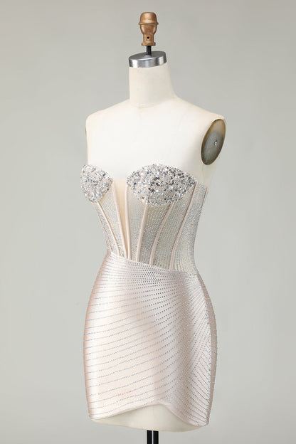 Sparkly Golden Strapless Sequins Bodycon Corset Homecoming Dress With Beading