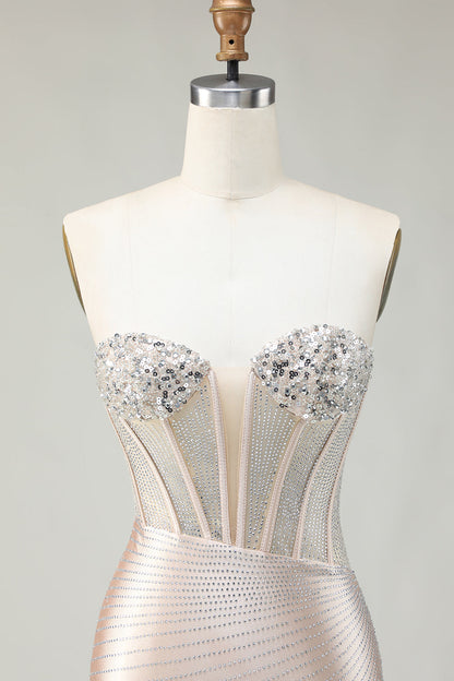 Sparkly Golden Strapless Sequins Bodycon Corset Homecoming Dress With Beading