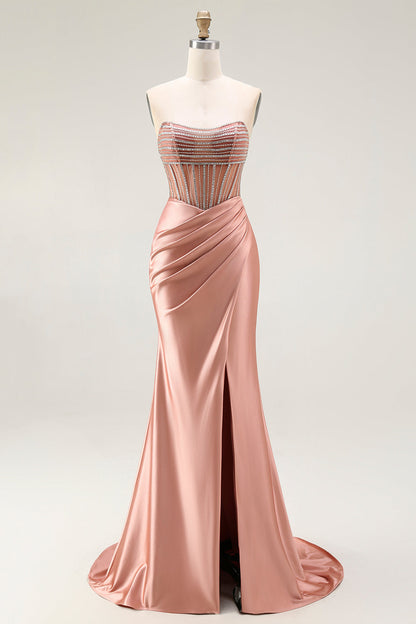 Mermaid Corset Beaded Strapless Blush Long Prom Dress With Slit