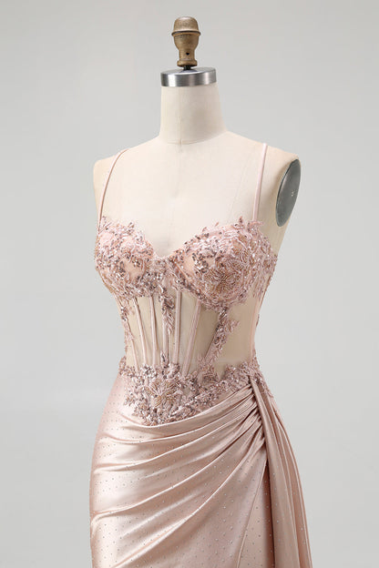 Corset Champagne Mermaid Beaded Long Prom Dress