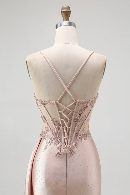Corset Champagne Mermaid Beaded Long Prom Dress