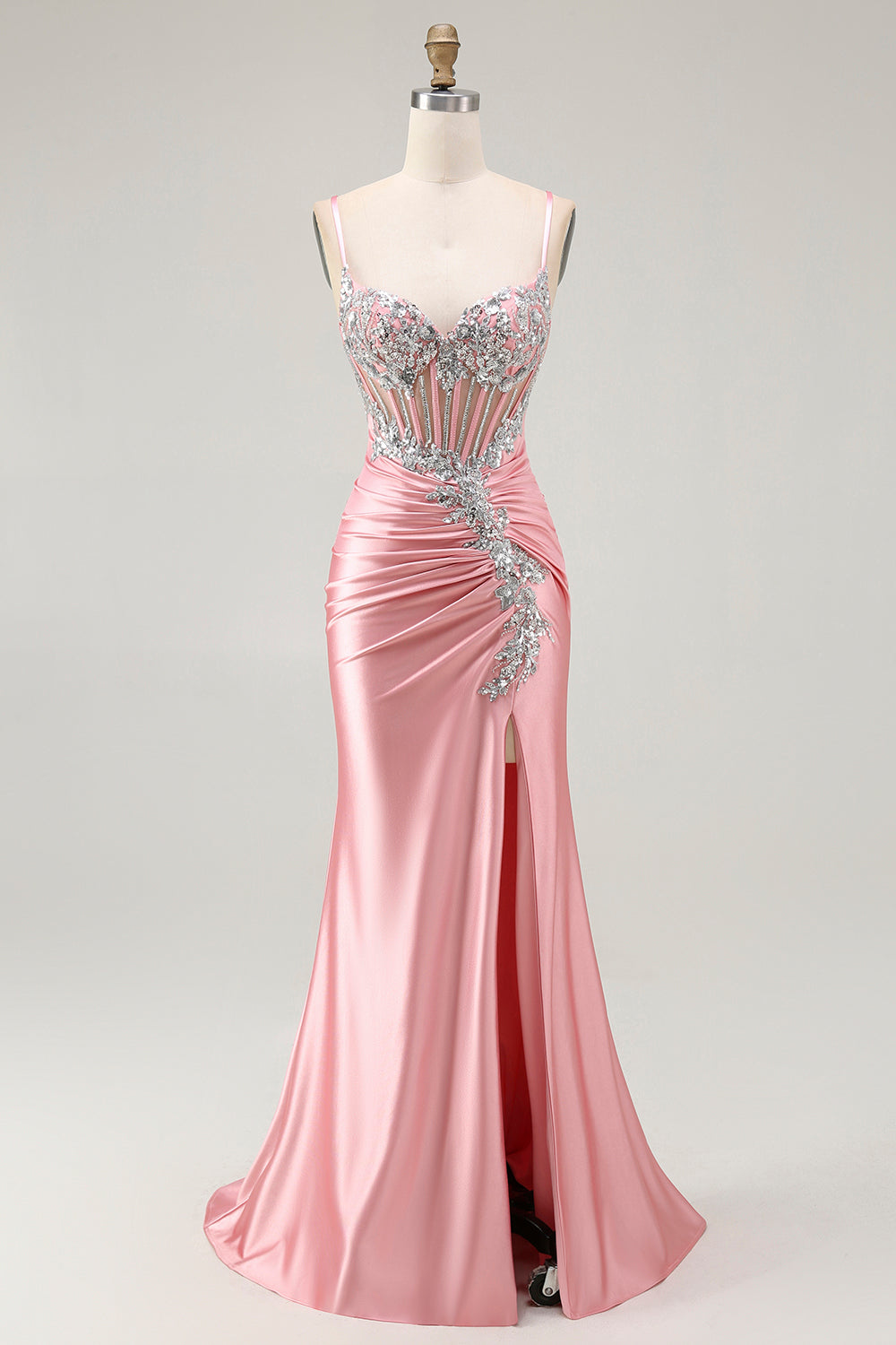 Blush Mermaid Corset Sequin Long Prom Dress with Ruffled Slit