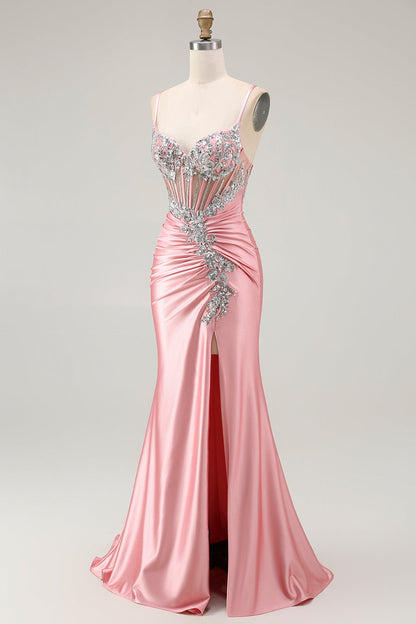 Blush Mermaid Corset Sequin Long Prom Dress with Ruffled Slit