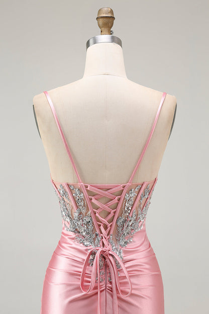 Blush Mermaid Corset Sequin Long Prom Dress with Ruffled Slit