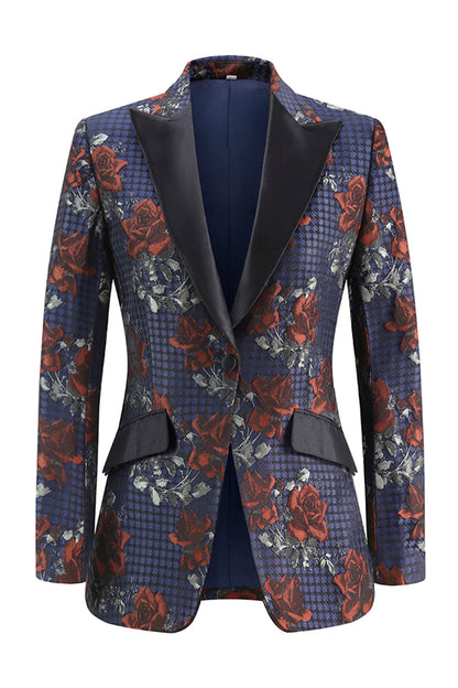 Blue Red Floral One Button Peak Lapel Women Suits