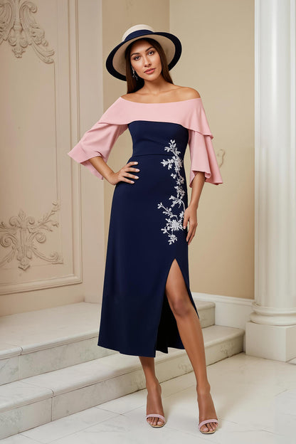 Off the Shoulder Navy Sheath Appliqued Midi Wedding Guest Dress with Slit