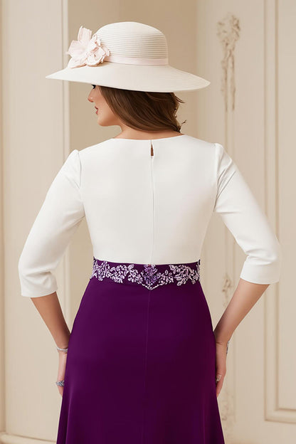 Navy A Line Bateau neck 3/4 Sleeve Midi Wedding Guest Dress with Appliques
