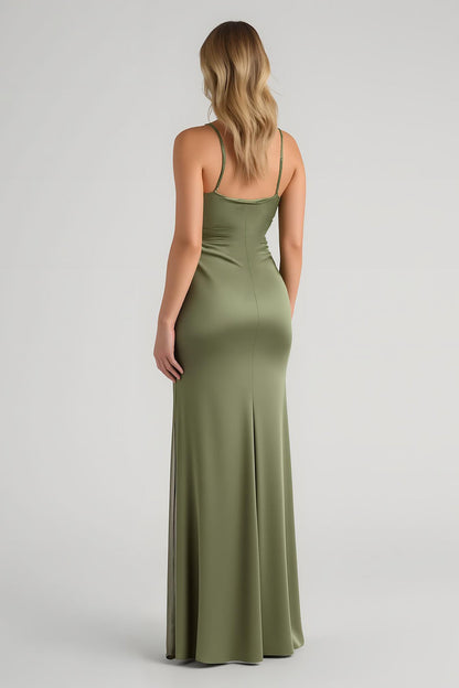 Olive Satin Ruched Spaghetti Straps Long Sheath Bridesmaid Dress