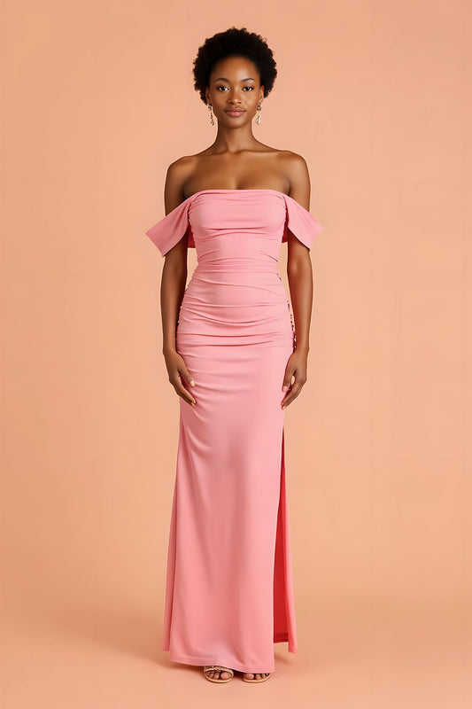 Pink Sheath Off the Shoulder Long Bridesmaid Dress with Slit