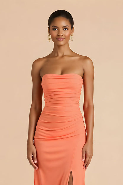 Orange Strapless Ruched Sheath Long Bridesmaid Dress with Slit