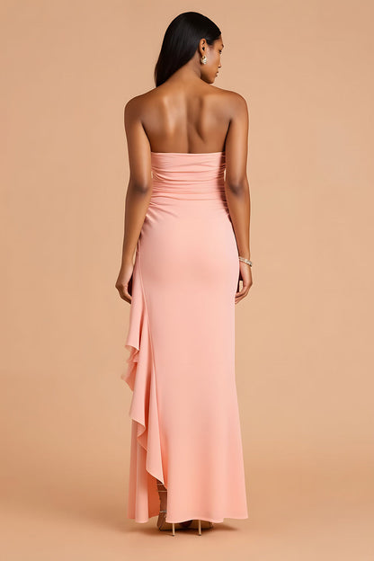 Blush Sheath Strapless Ruffled Long Bridesmaid Dress with Slit
