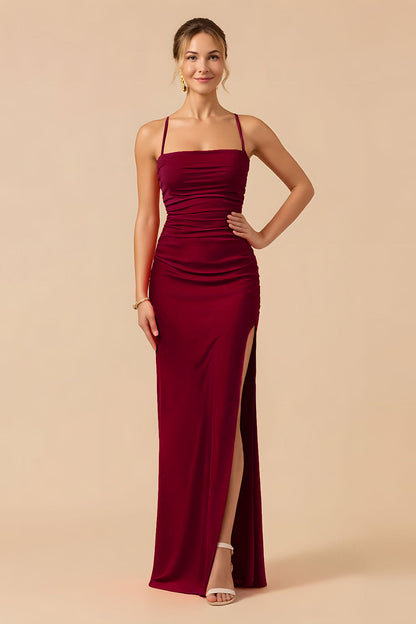 Burgundy Sheath Sapghetti Straps Long Bridesmaid Dress with Slit