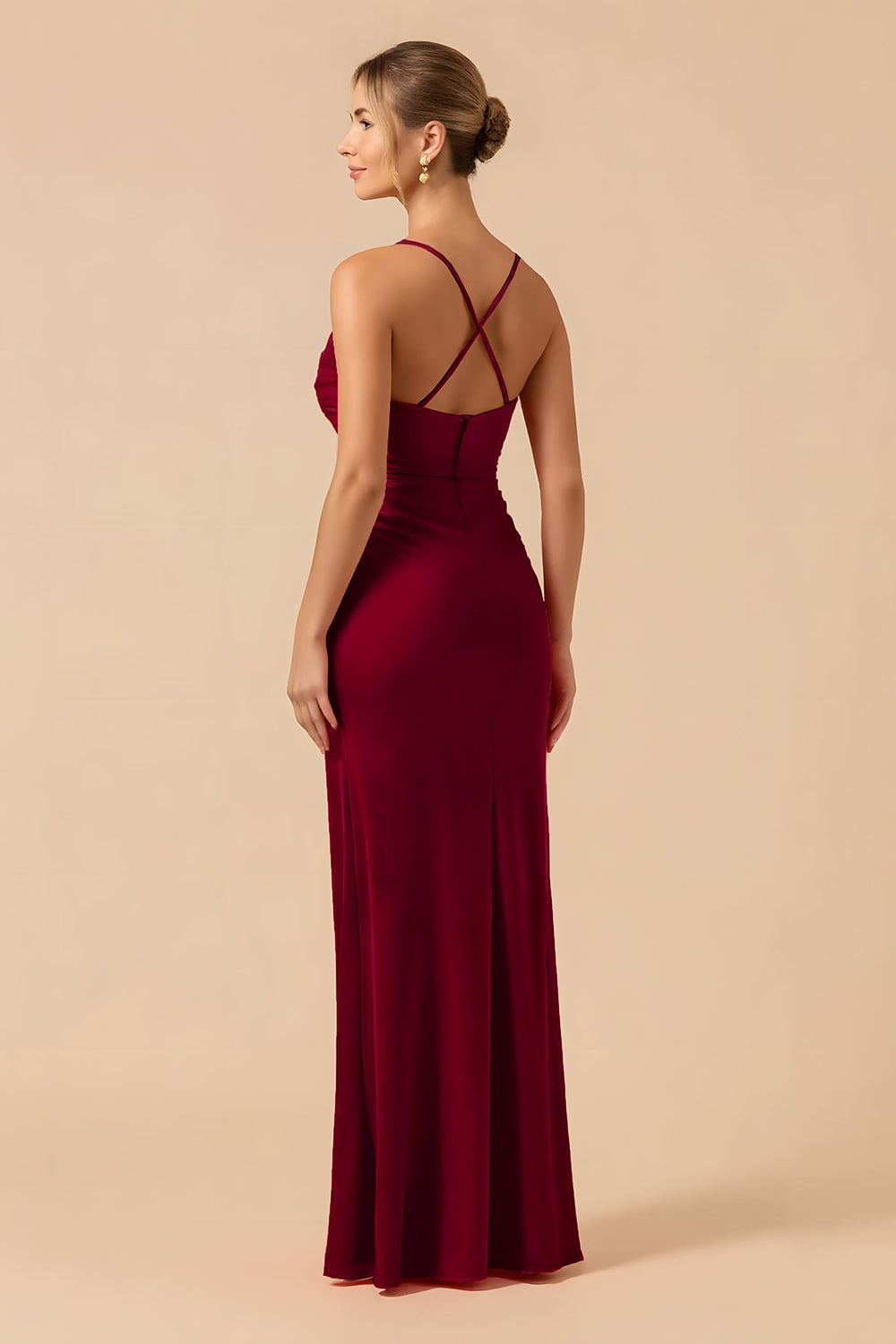 Burgundy Sheath Sapghetti Straps Long Bridesmaid Dress with Slit