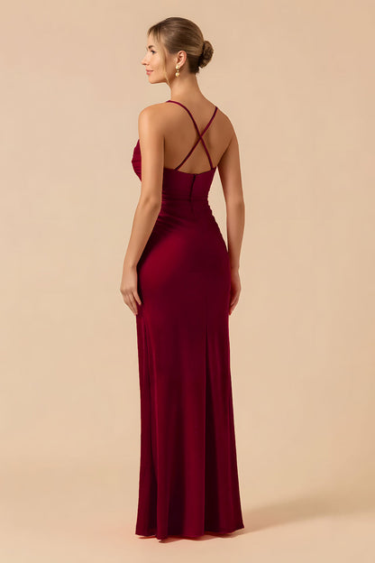 Burgundy Sheath Sapghetti Straps Long Bridesmaid Dress with Slit