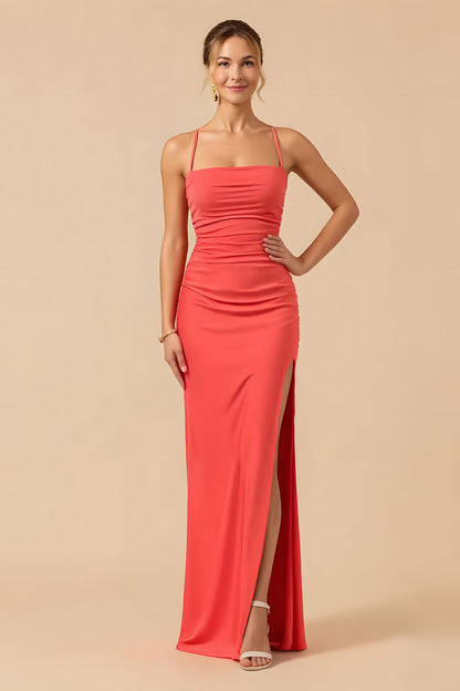 Burgundy Sheath Sapghetti Straps Long Bridesmaid Dress with Slit