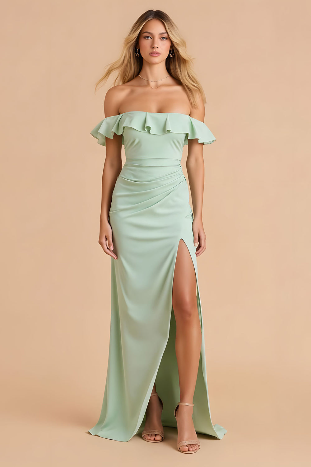 Light Green Sheath Off the Shoulder Maxi Bridesmaid Dress with Ruffles