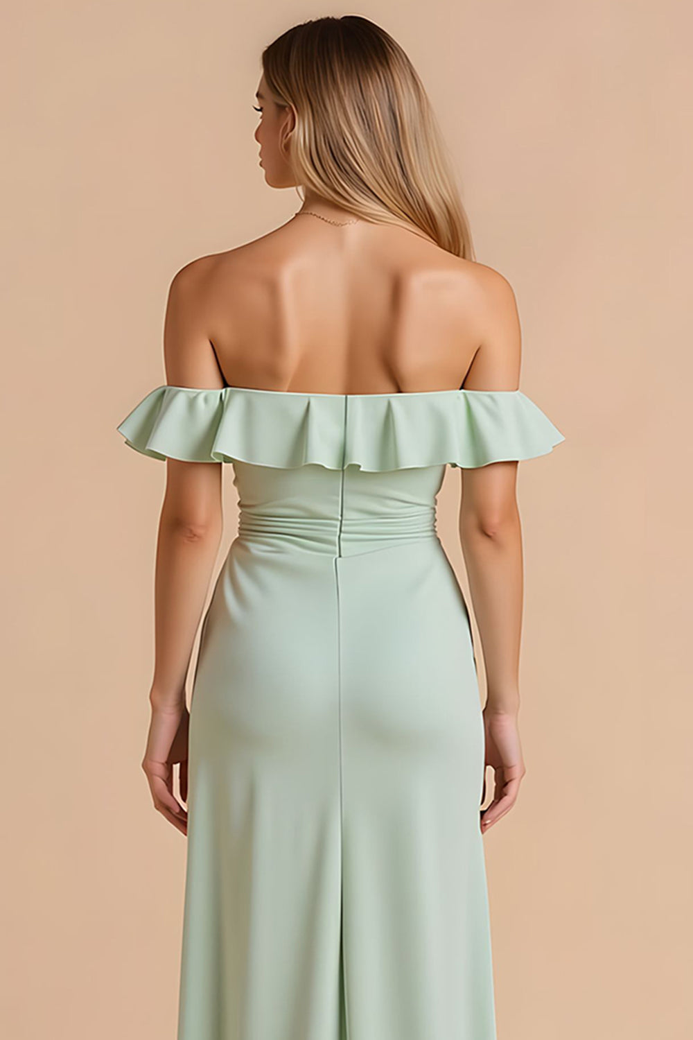 Light Green Sheath Off the Shoulder Maxi Bridesmaid Dress with Ruffles