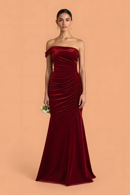 Burgundy Mermaid One Shoulder Velvet Ruched Long Bridesmaid Dress