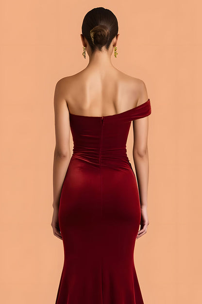 Burgundy Mermaid One Shoulder Velvet Ruched Long Bridesmaid Dress