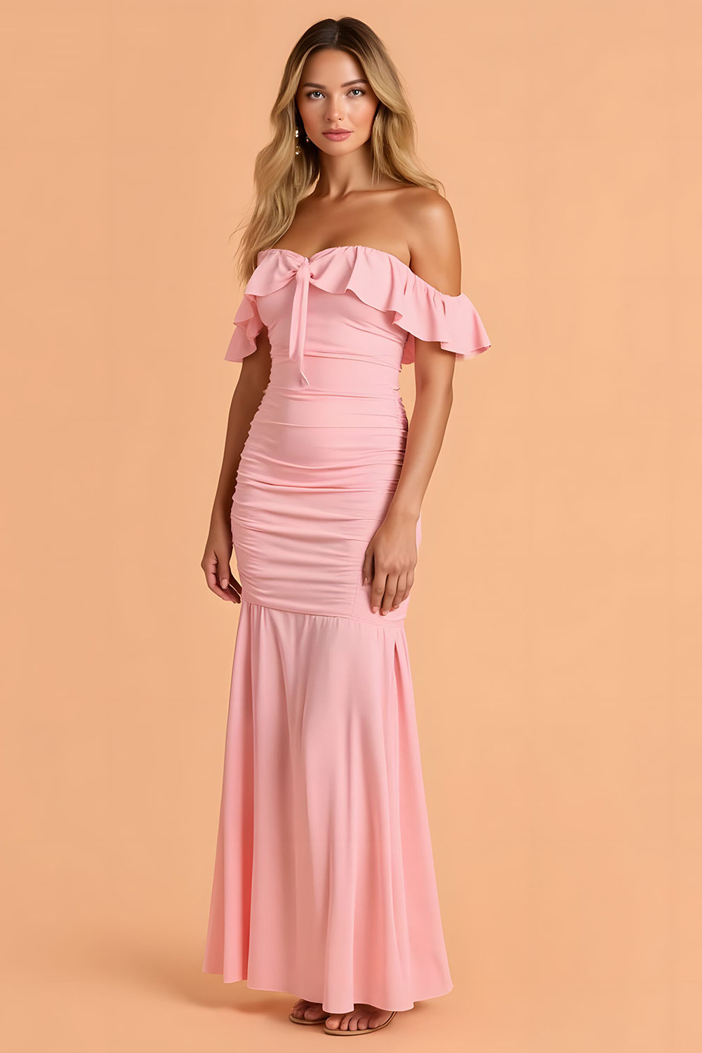 Blush Mermaid Ruched Off the Shoulder Maxi Bridesmaid Dress with Ruffles