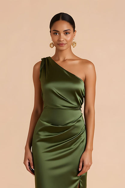 Olive Sheath One Shoulder Midi Bridesmaid Dress with Slit