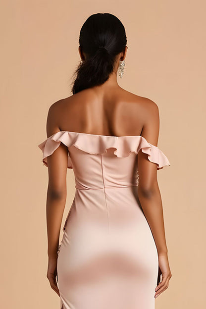 Candy Pink Sheath Ruffled Off the Shoulder Maxi Bridesmaid Dress with Slit