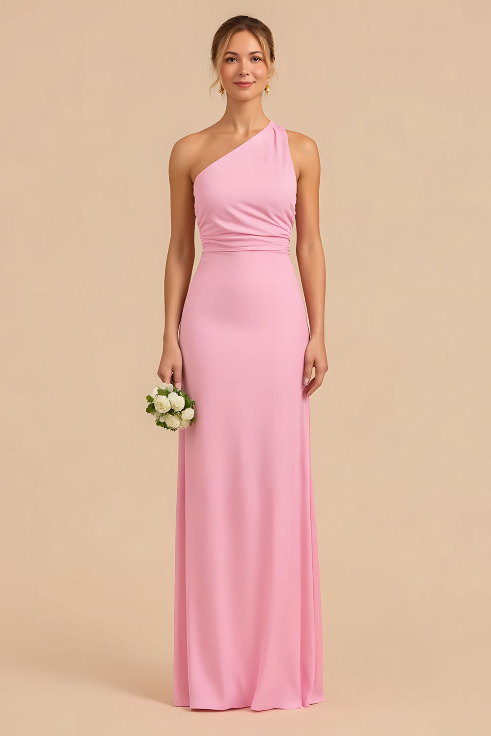 Candy Pink Sheath One Shoulder Long Bridesmaid Dress