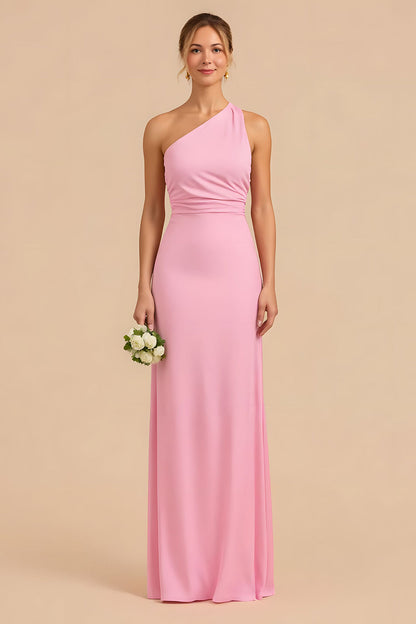 Candy Pink Sheath One Shoulder Long Bridesmaid Dress