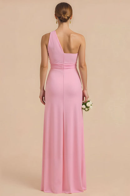 Candy Pink Sheath One Shoulder Long Bridesmaid Dress