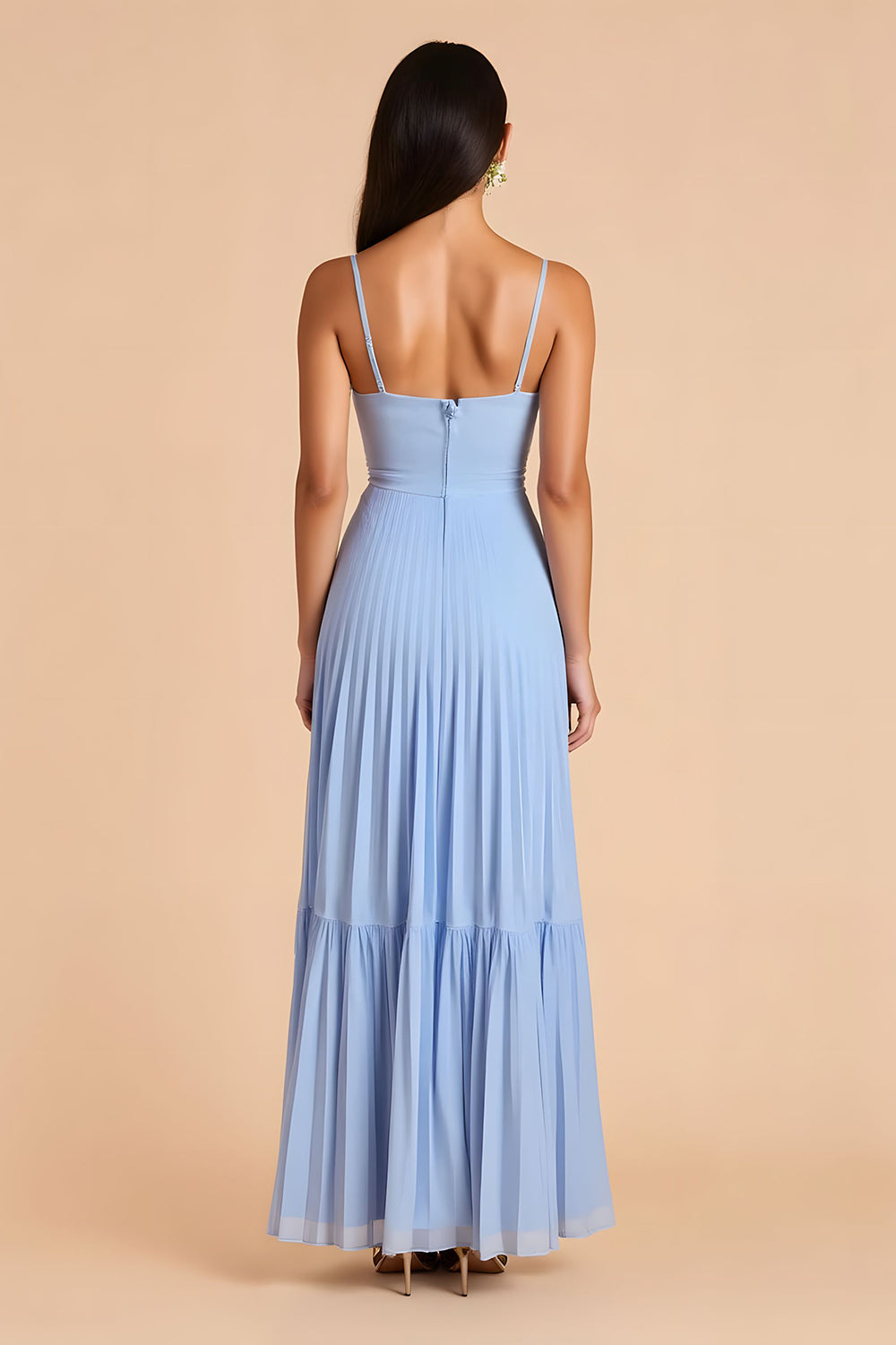 Light Blue Pleated A Line Spaghetti Straps Long Bridesmaid Dress