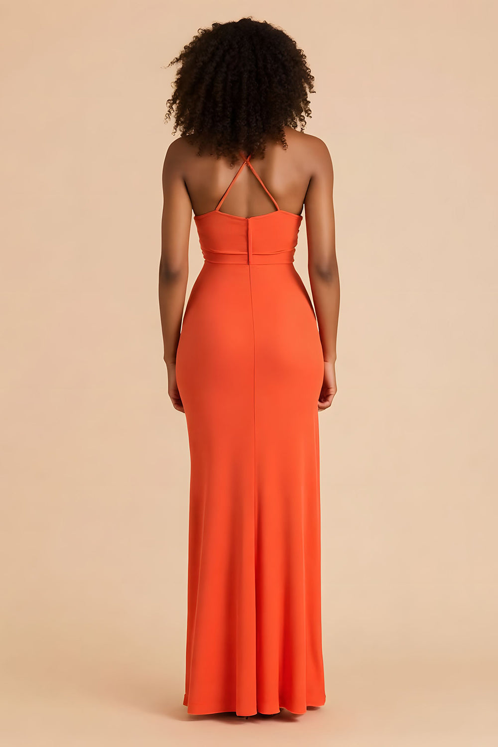 Orange Sheath Ruched Spaghetti Straps Cut Out Maxi Bridesmaid Dress
