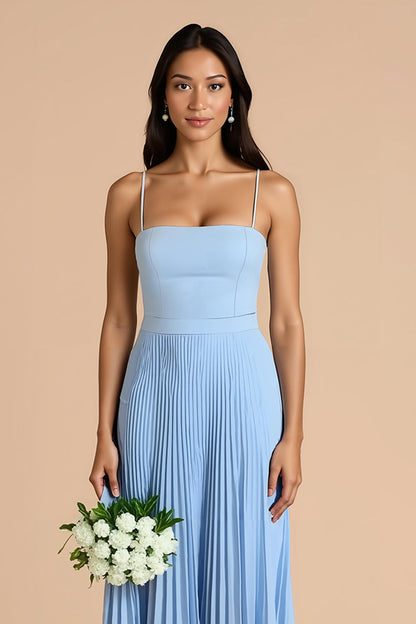 Sky Blue Pleated A Line Spaghetti Straps Maxi Bridesmaid Dress