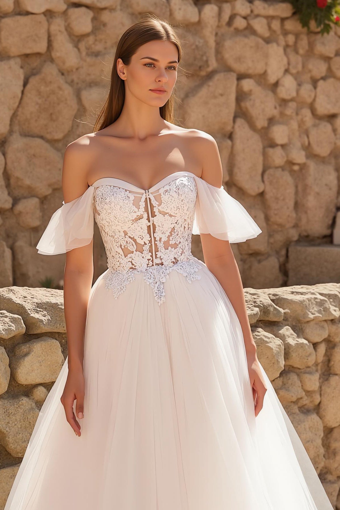 Off The Shoulder Ivory A Line Sweep Train Wedding Dress With Appliques