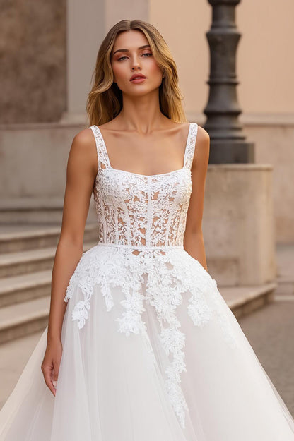 Ivory A Line Square Neck Corset Tulle Court Train Wedding Dress With Lace