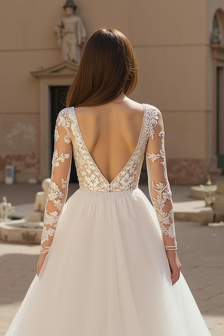 Ivory Tulle A Line V Neck Lace Long Wedding Dress With Long Sleeves