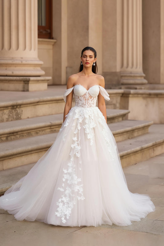 Lace Off the Shoulder Corset Appliques A Line Wedding Dress