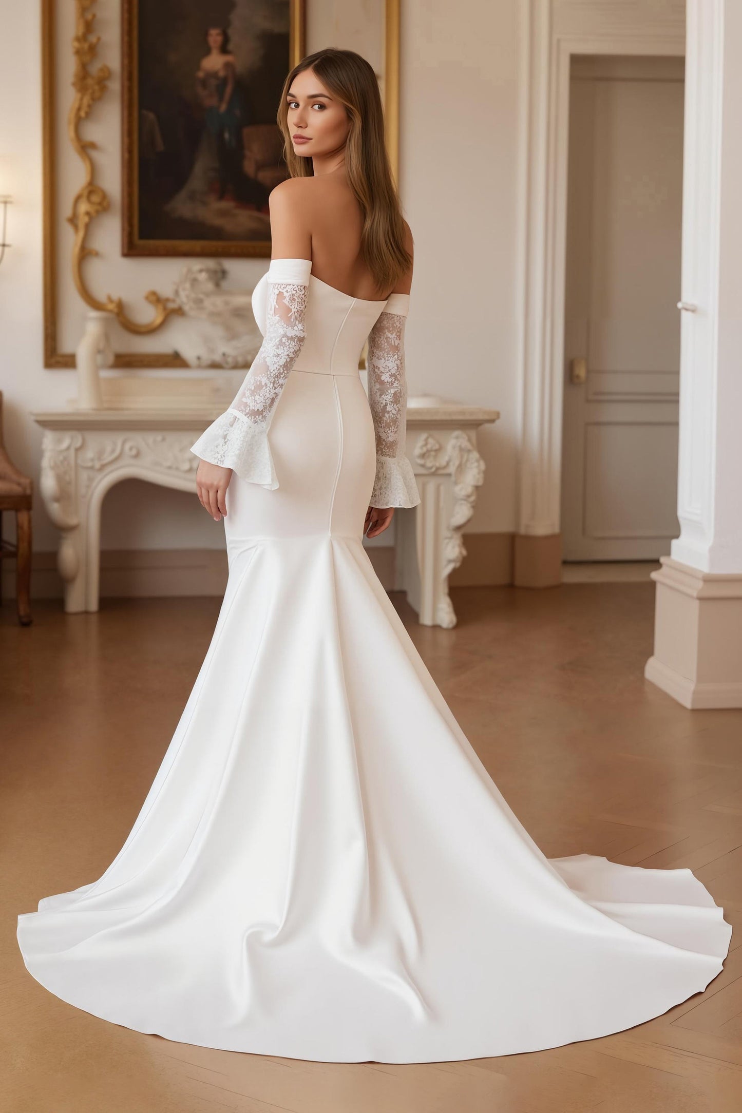 Stretch Satin Ivory Mermaid Off The Shoulder Wedding Dress