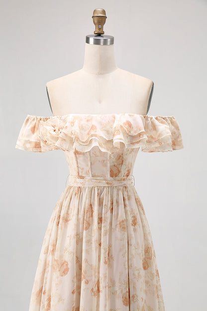 Champagne Flower Off The Shoulder Corset A-Line Bridesmaid Dress With Slit